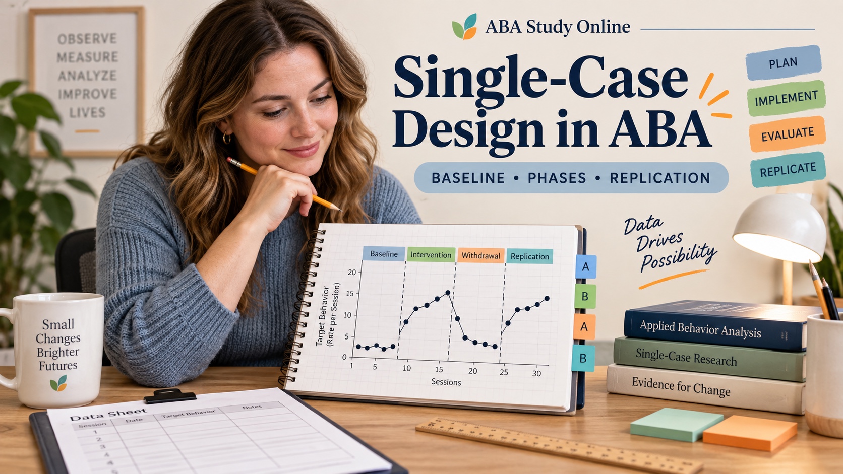 A White female ABA learner reviewing a single-case graph with phase lines, a notebook, and a pencil.