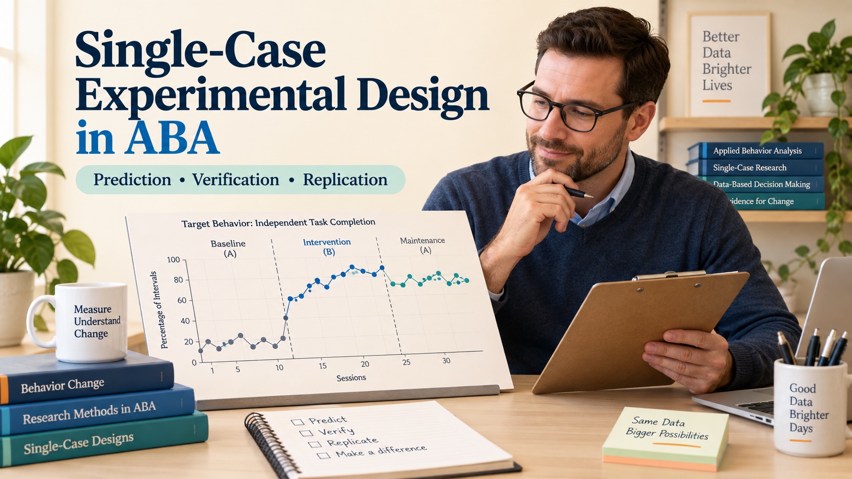 A White man ABA learner reviewing a single-case experimental design graph with baseline and intervention phases in an editorial study scene.