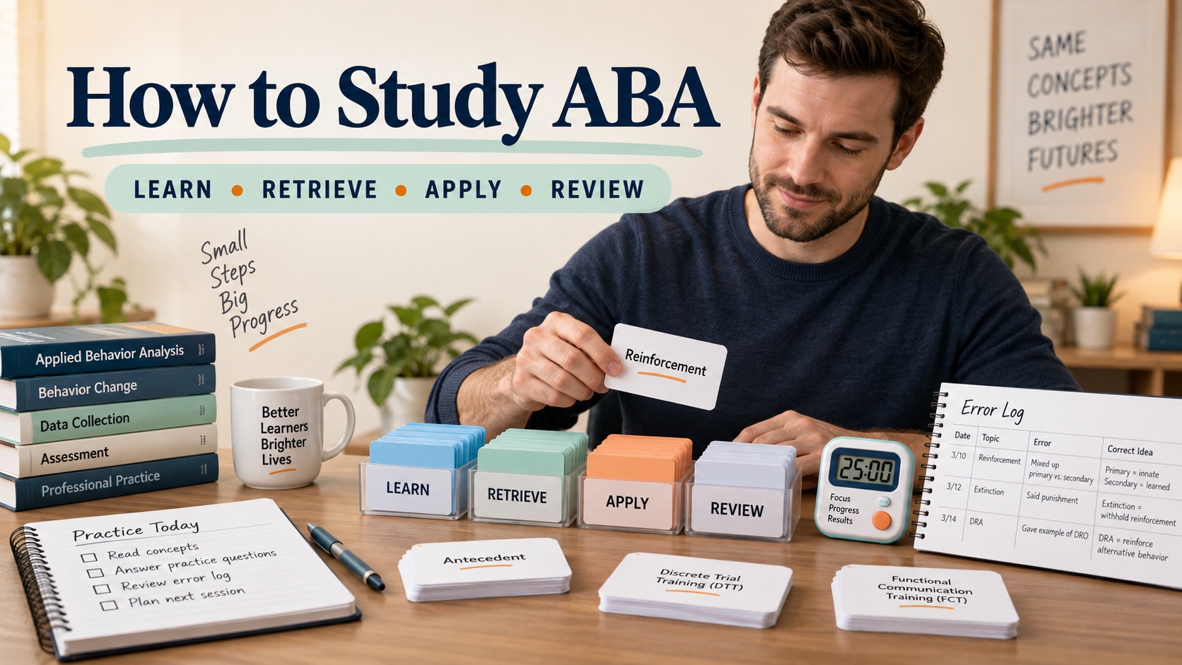 A White man organizes ABA concept cards, a track outline, a timer, a practice notebook, and an error log in one integrated editorial study scene.