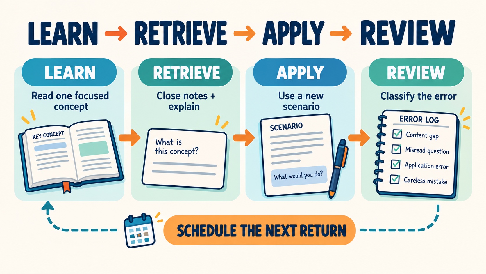 No-person ABA study loop showing learn, retrieve, apply, review, and delayed return as connected practice stages with concept cards, a scenario sheet, and an error log.
