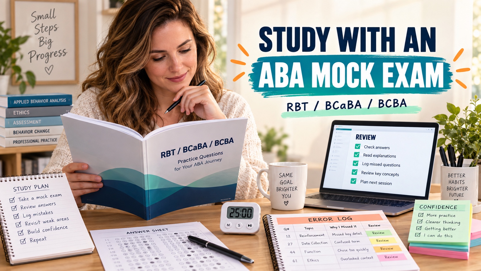 A realistic White female learner studies with a track-labeled ABA mock exam booklet, timer, answer sheet, confidence notes, and error log in an integrated ABA Study Online editorial scene titled Study With an ABA Mock Exam.