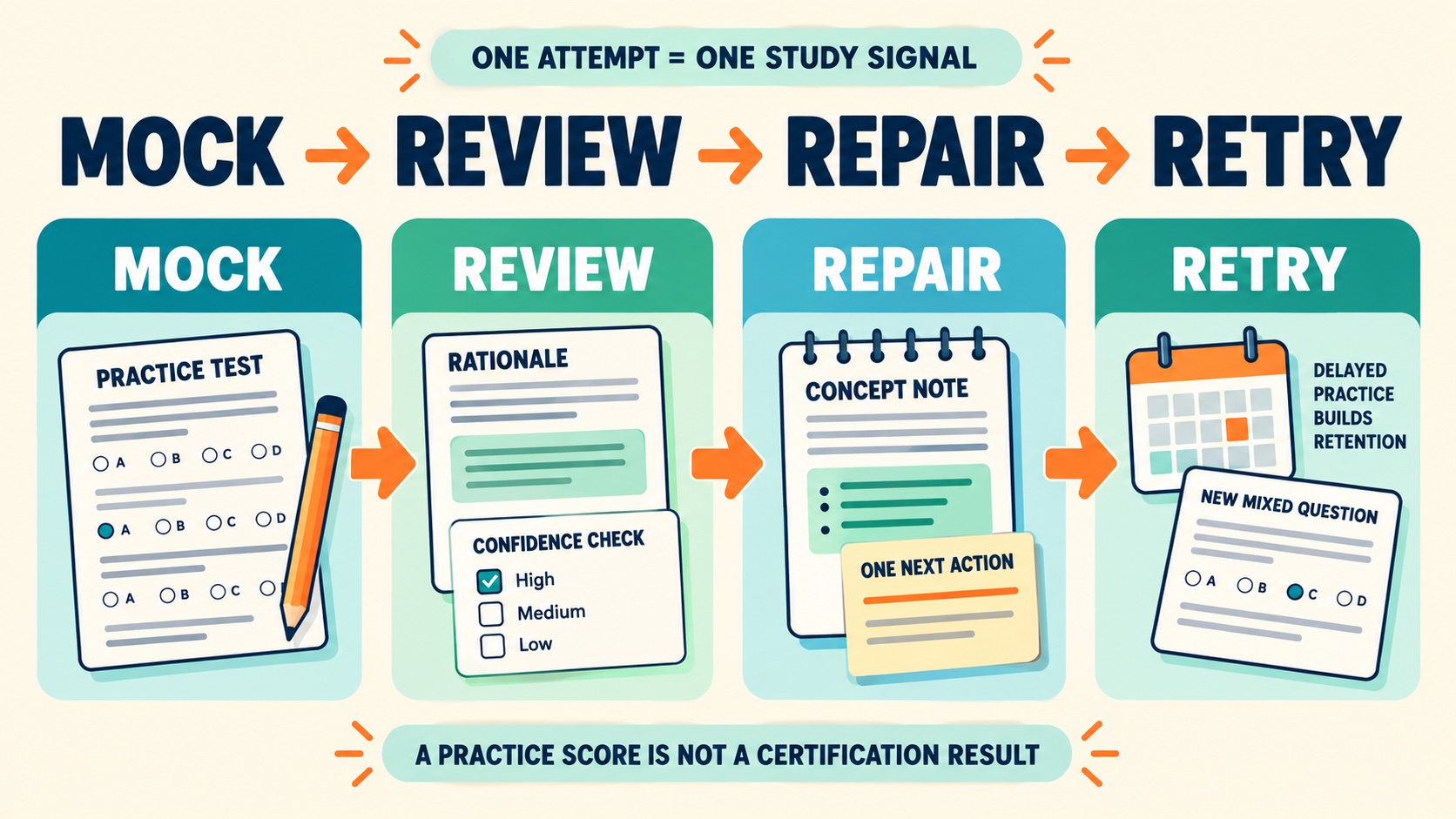 No-person infographic showing an ABA mock-exam study loop: choose the track and purpose, complete the mock, review rationales, classify the error, repair the concept, and return after a delay.