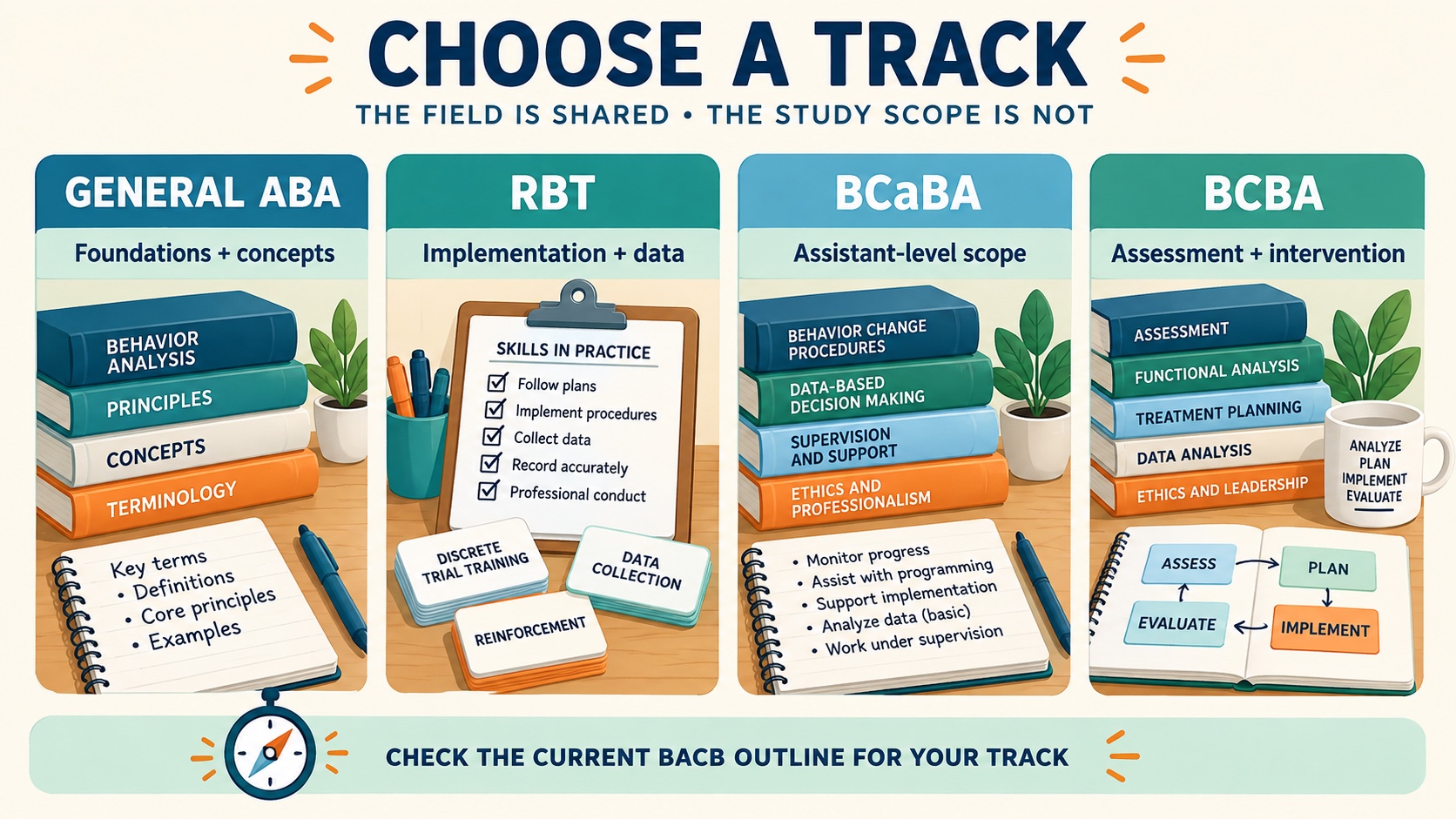 No-person ABA study scope map comparing General ABA, RBT, BCaBA, and BCBA study tracks with distinct focus areas and official outline boundaries.