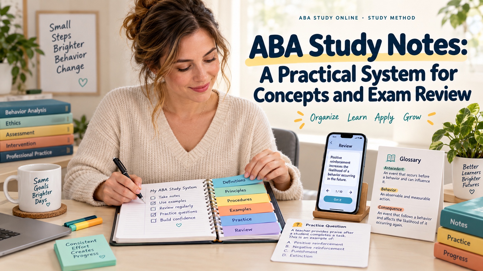 A White woman ABA learner organizing a notebook, color tabs, a phone study screen, and a practice question card in an integrated editorial study scene.
