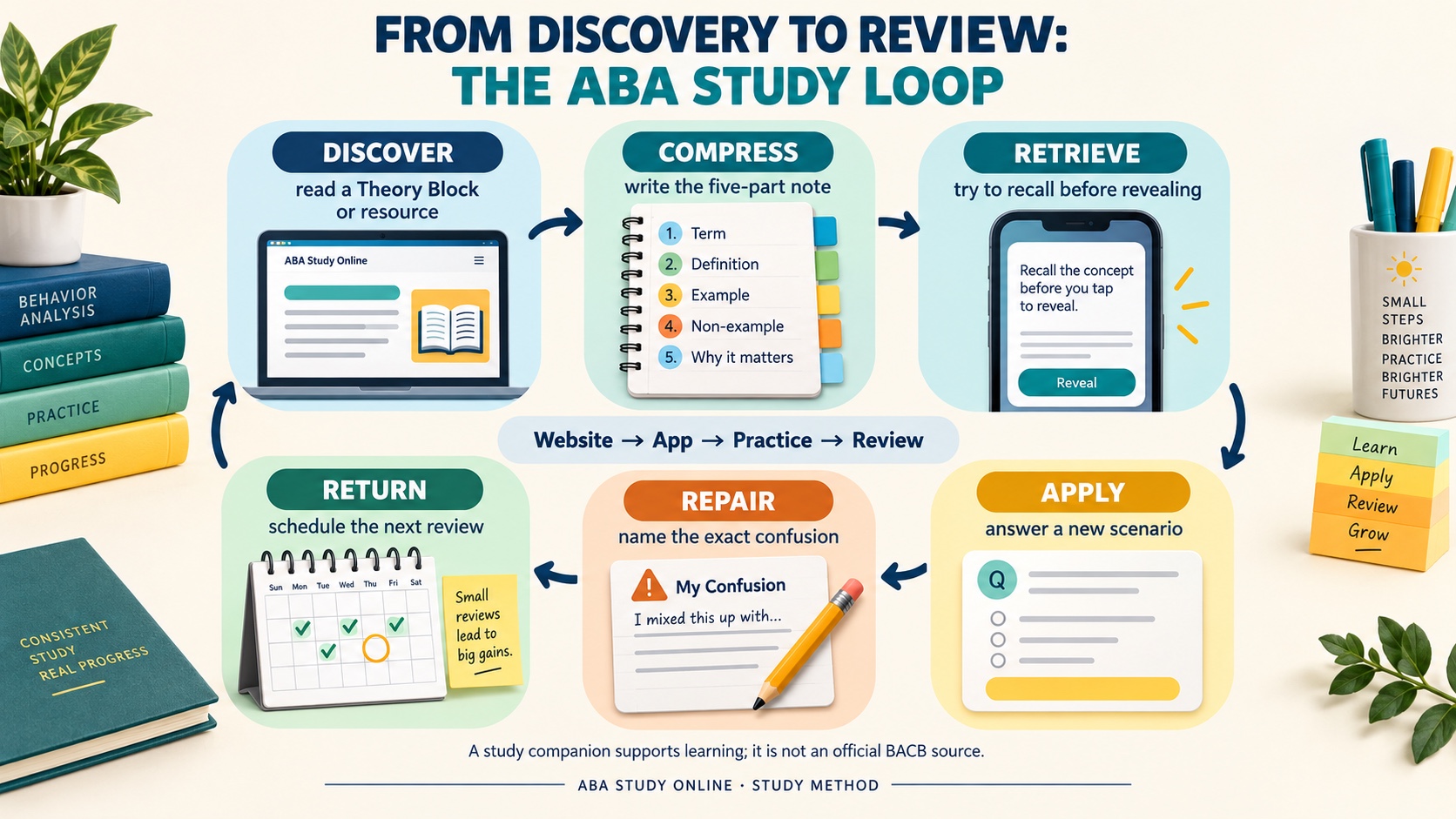 A no-person ABA study loop showing website concept reading, definition lookup, app review, practice question, error note, and spaced review, with no person or classroom scene.