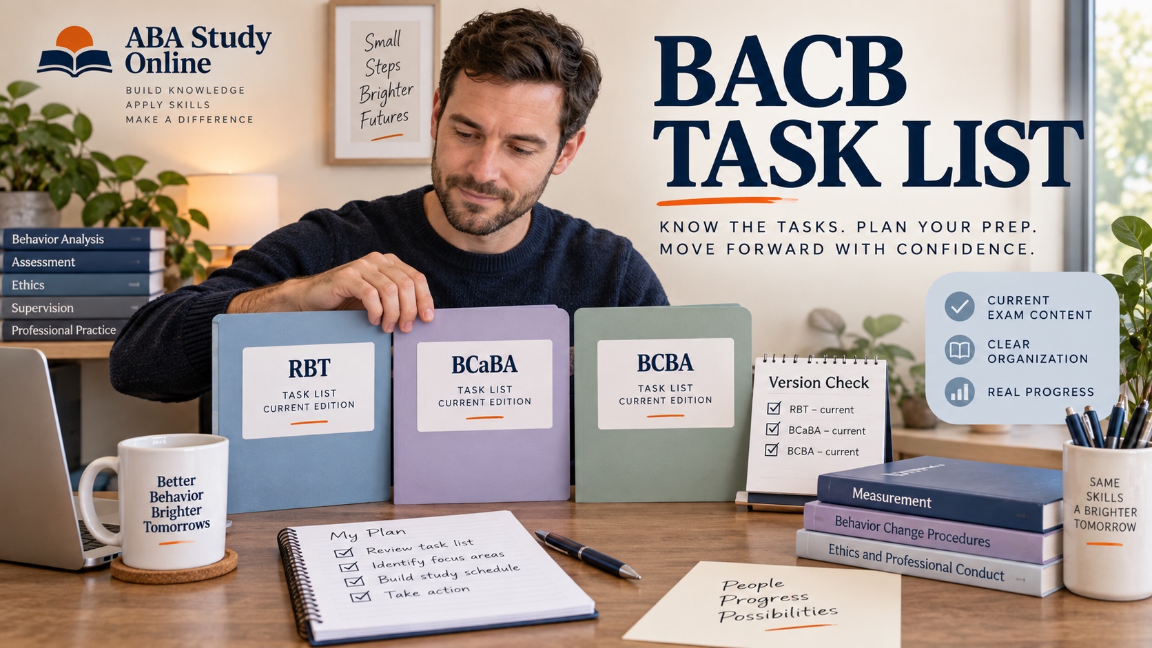 A White male ABA learner organizes three current BACB exam-content folders for RBT, BCaBA, and BCBA beside a version checklist in an integrated editorial study scene.