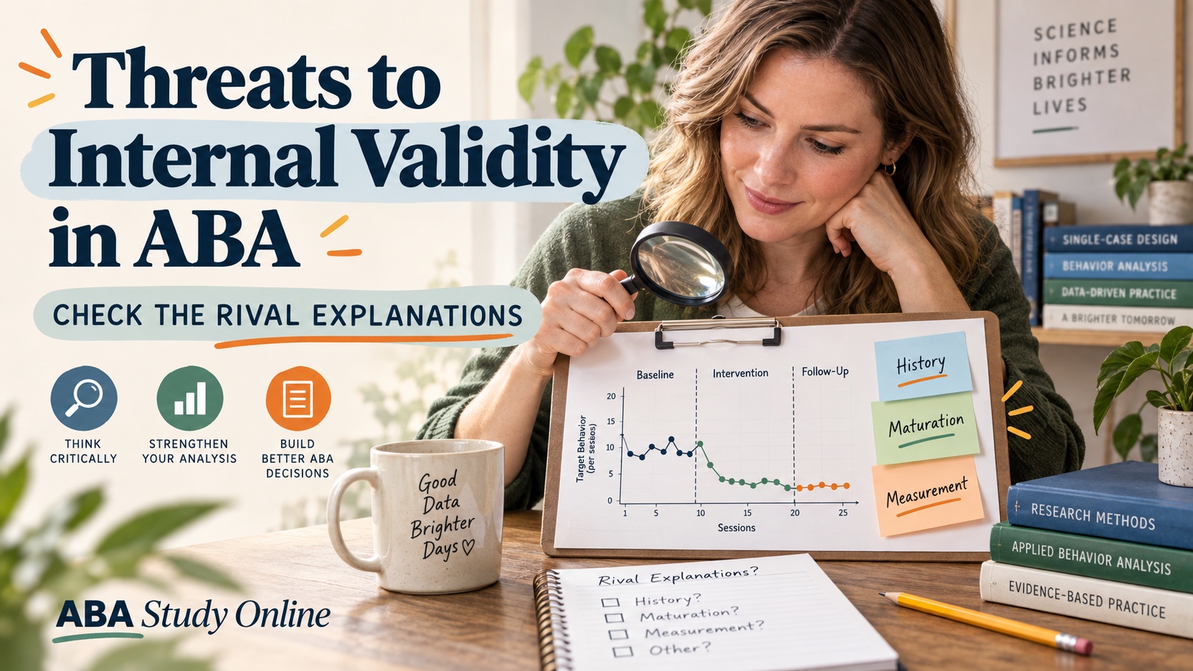 A White female ABA learner reviewing a single-case graph, phase notes, and a magnifying glass in an editorial study scene.