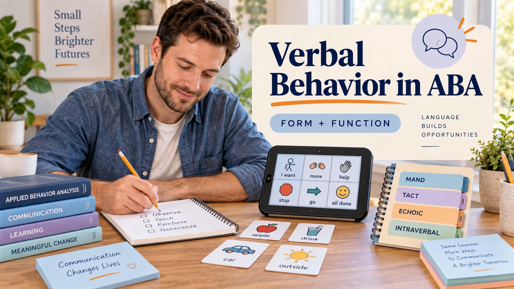 A White male ABA learner reviewing communication cards, a speech-generating device, and a verbal-operant study chart in an editorial learning scene.