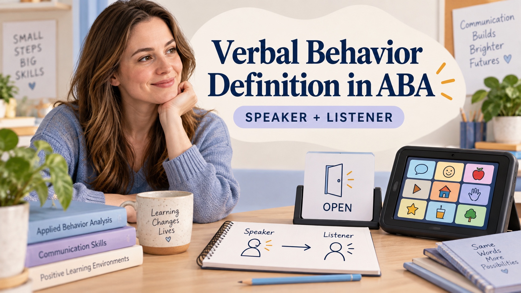 A White woman ABA learner reviewing a communication card, speech-generating device, and speaker-listener study diagram in an editorial learning scene.