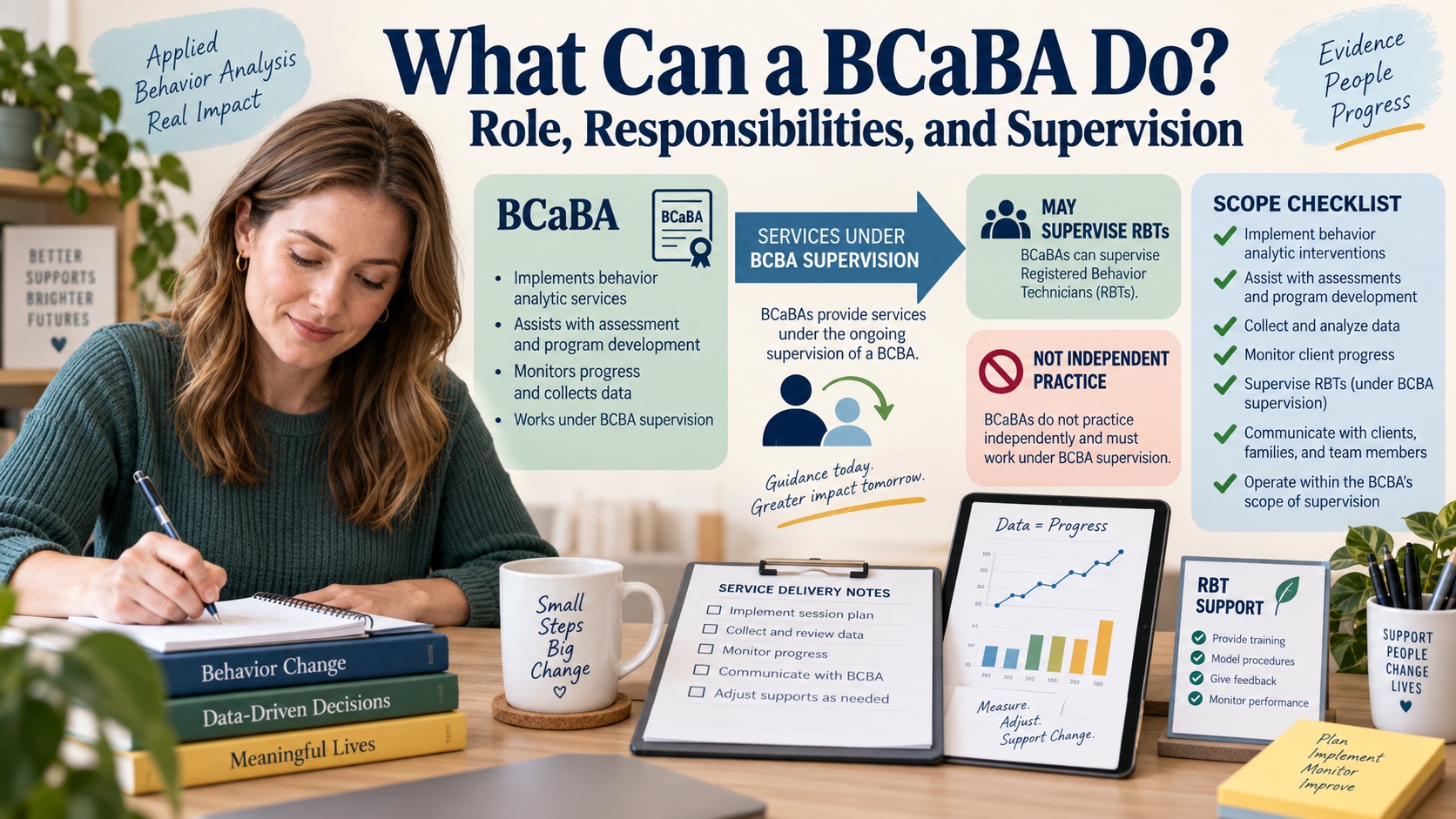 A White female BCaBA learner reviews service-delivery notes, a BCBA supervision plan, RBT support cards, and a role-boundary checklist in one integrated editorial scene.