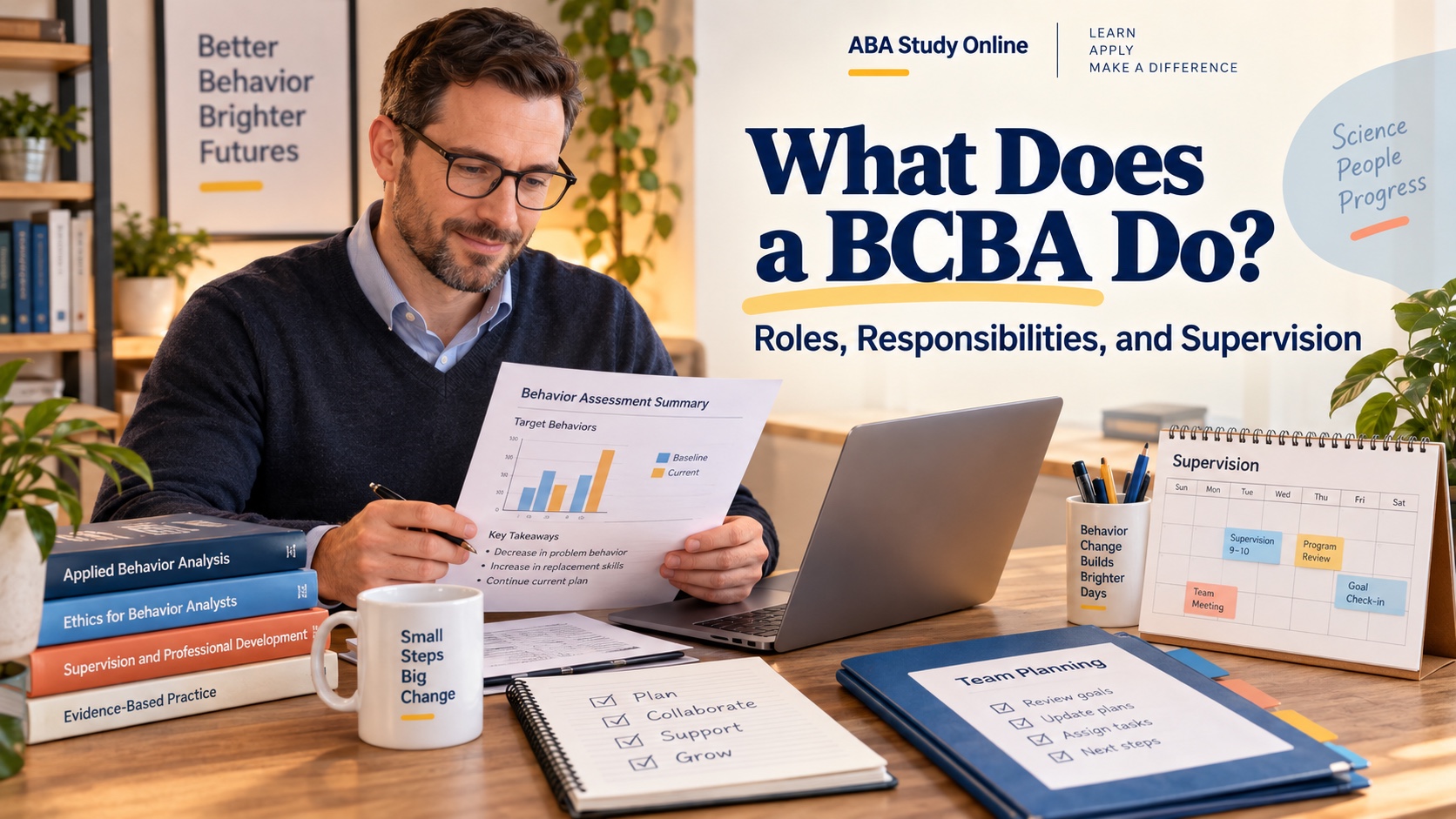 A White man reviews a behavior assessment summary, data chart, supervision calendar, and team-planning folder in an integrated ABA Study Online editorial scene titled What Does a BCBA Do?