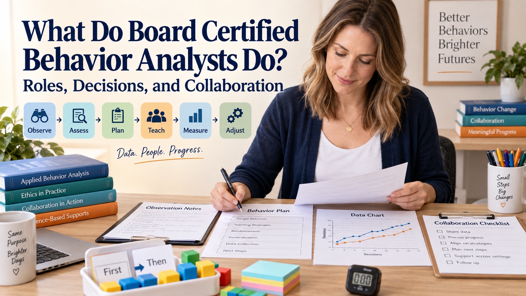 A White female behavior analyst reviews observation notes, a behavior plan, data charts, and a collaboration checklist in one integrated editorial scene.