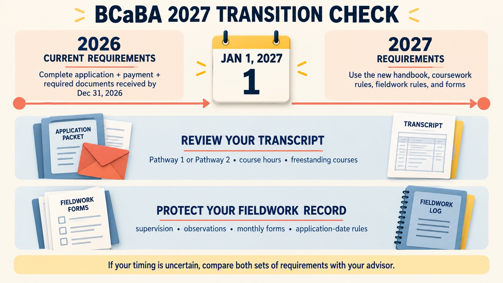 No-person infographic comparing the BCaBA 2022 and 2027 planning boundary with January 1, 2027 effective date, December 31, 2026 complete-application boundary, coursework review, and fieldwork documentation checkpoints.