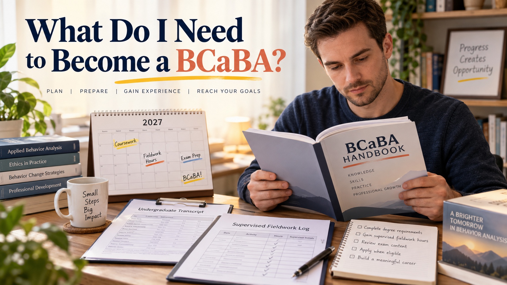 A White male student reviews a BCaBA handbook, undergraduate transcript, fieldwork log, and 2027 planning calendar in one integrated editorial scene.