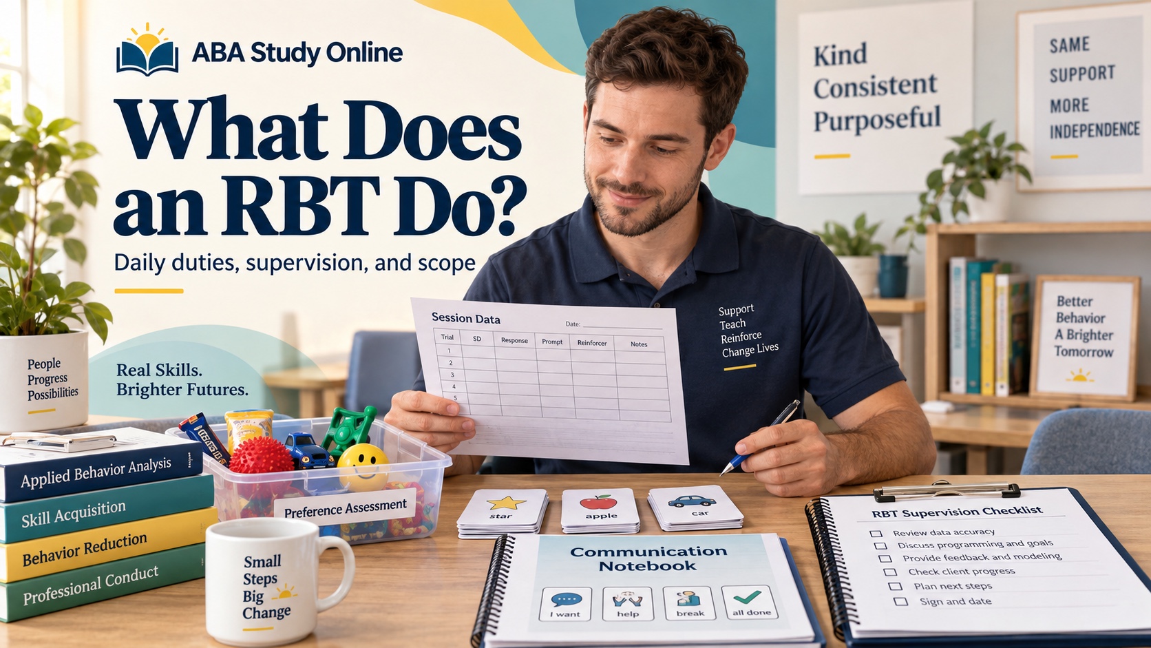 A White man reviews a session data sheet, preference-assessment materials, teaching cards, communication notebook, and RBT supervision checklist in an integrated ABA Study Online editorial scene titled What Does an RBT Do?