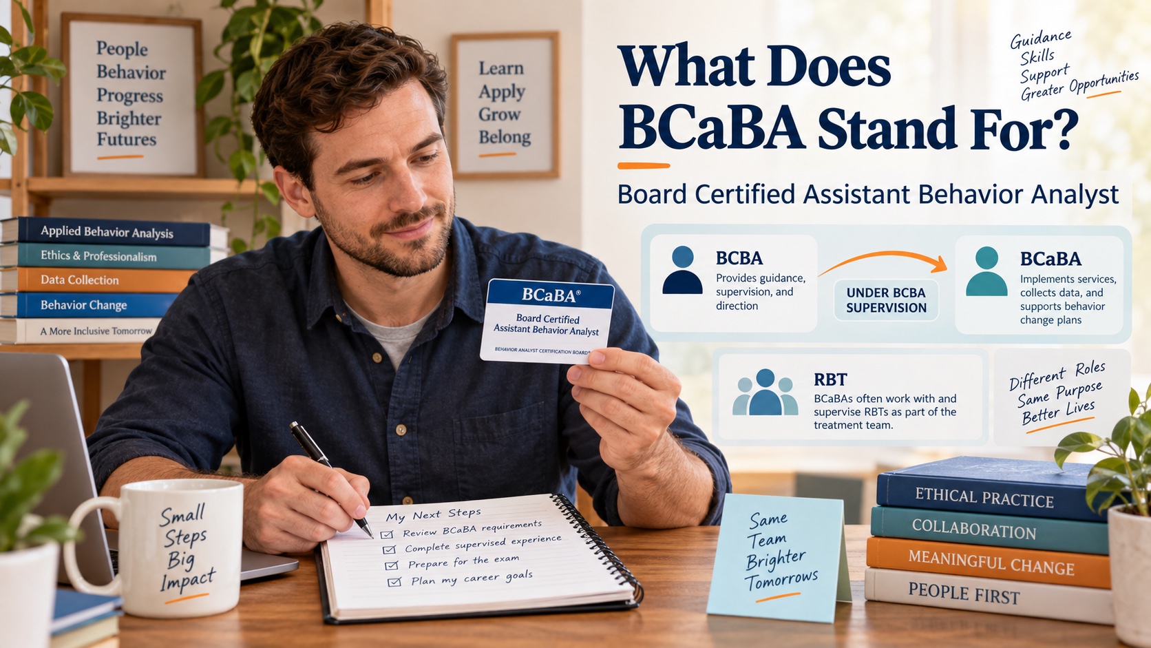 A White male learner studies a BCaBA credential card, BCBA supervision pathway, RBT relationship, and behavior-analysis notes in one integrated editorial scene.