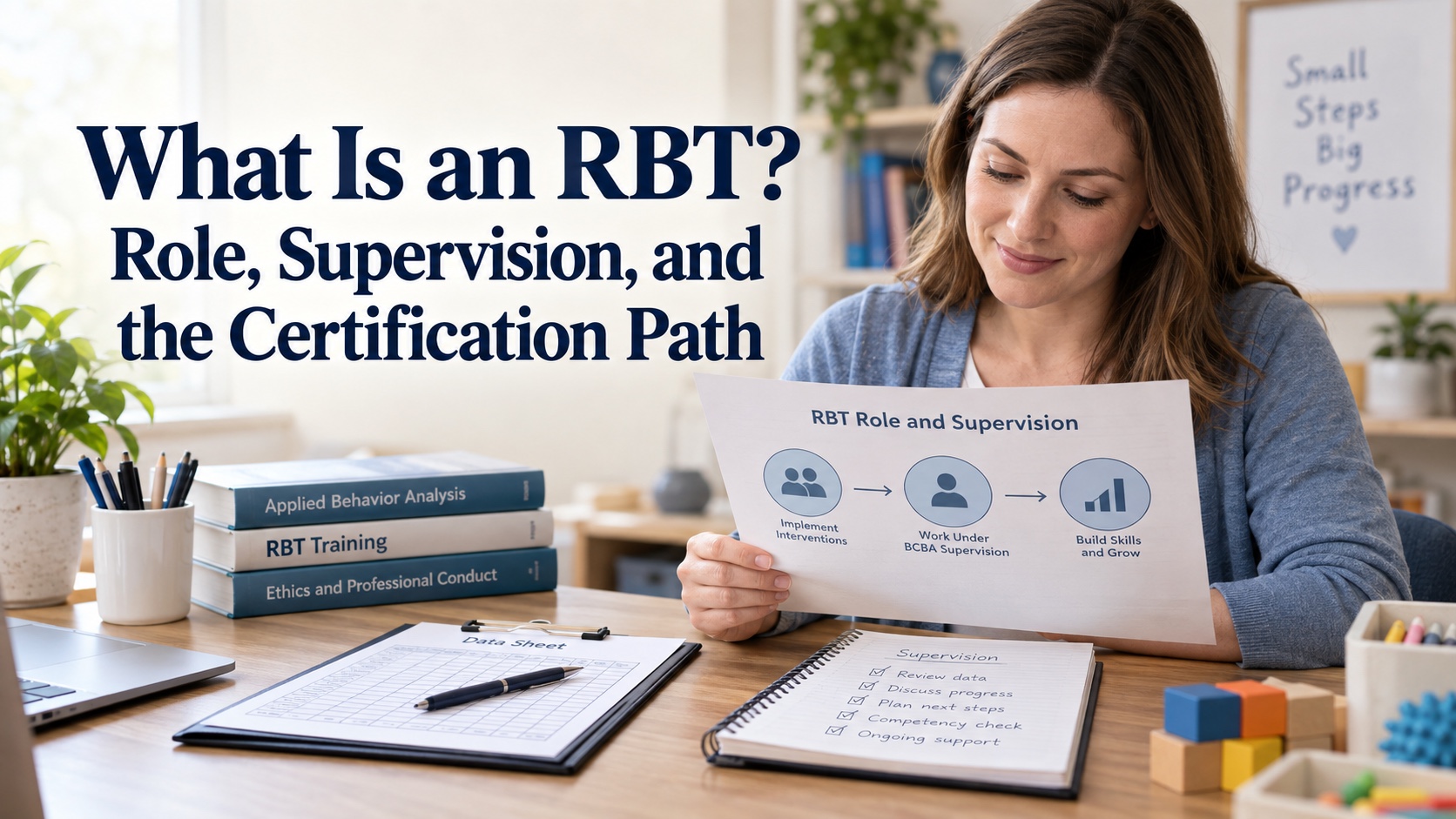 A White woman studies an RBT role map beside a supervision notebook, data sheet, training binder, and calm ABA workspace in an integrated editorial scene.