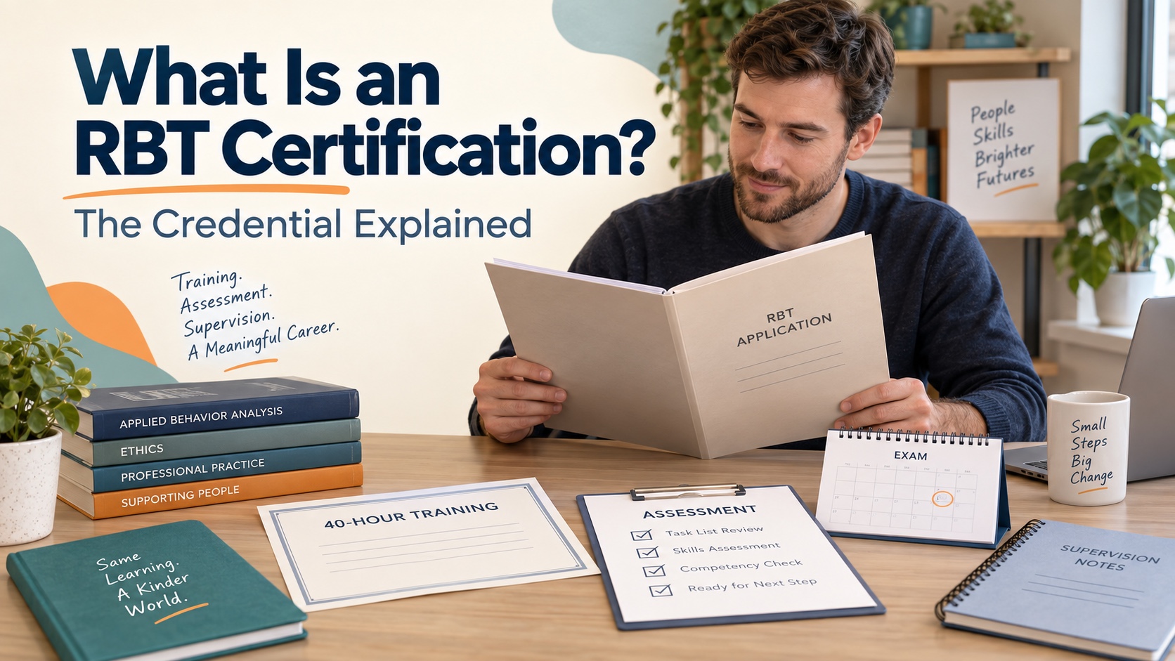 A White male learner reviews a neutral RBT credential folder, training certificate, competency checklist, and supervision notes in one integrated editorial scene.