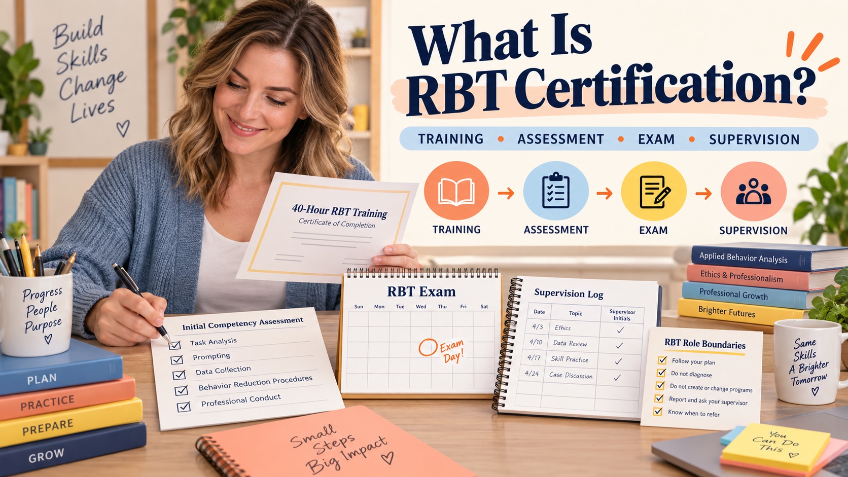 A White woman reviews an RBT 40-hour training certificate, competency checklist, examination calendar, supervision log, and role-boundary notes in one integrated editorial scene.