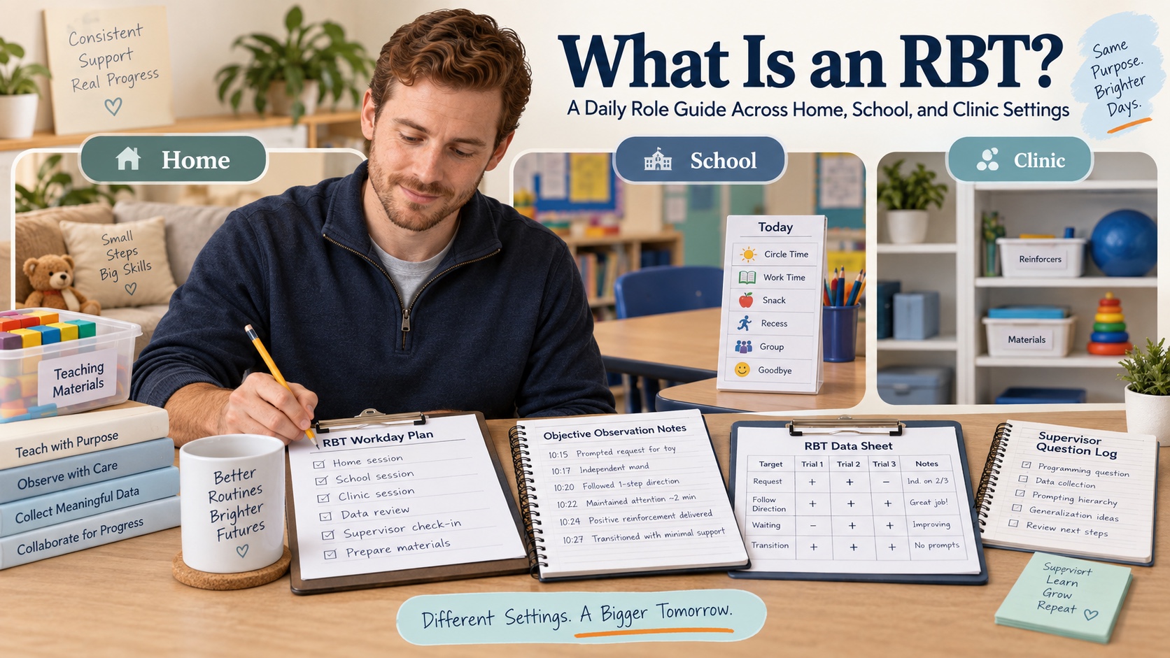 A White man prepares an RBT workday across home, school, and clinic settings with a data sheet, session materials, and a supervisor question log in an integrated editorial scene.