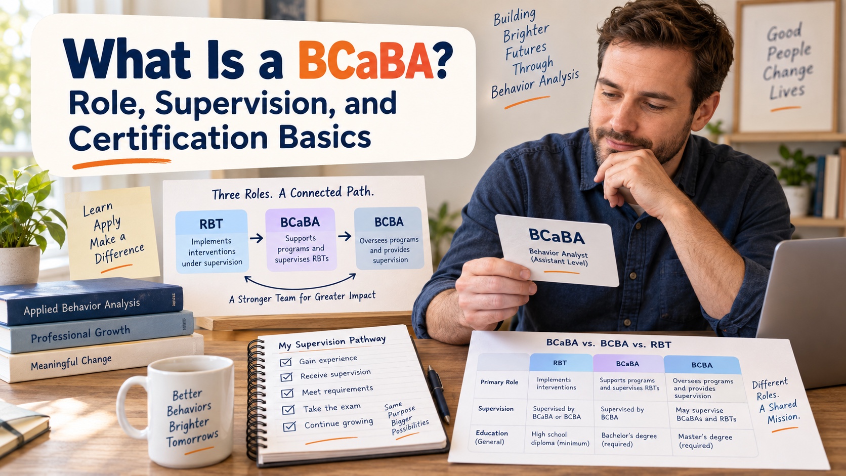 A White man studies a BCaBA role card, supervision pathway, and certification notebook in an integrated ABA Study Online editorial scene.