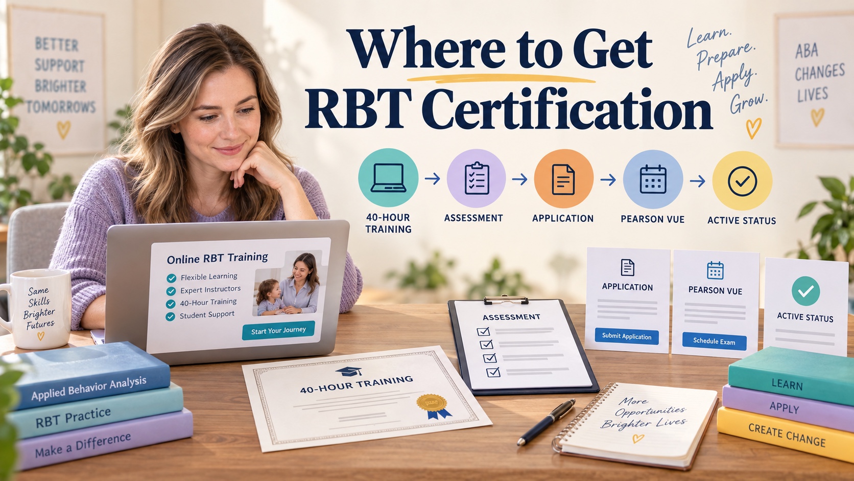 A White female learner compares an online RBT training provider, 40-hour certificate, competency assessment checklist, BACB Portal card, and Pearson VUE exam plan in one integrated editorial scene.
