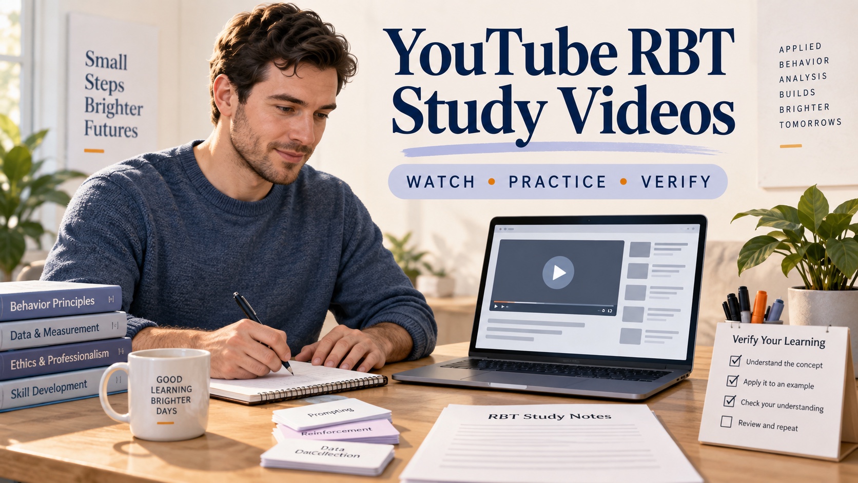 A White male RBT candidate studies with a generic video player, transcript, current RBT content outline, notebook, and practice cards in one integrated editorial scene.