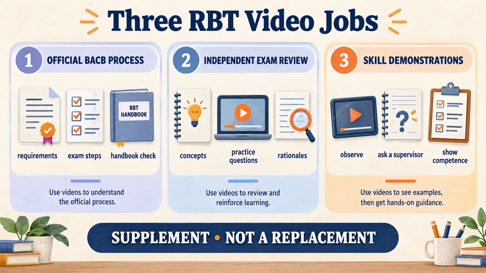 No-person infographic comparing official BACB process videos, independent RBT exam-review videos, and skill or competency demonstrations, with supplement-not-replacement boundaries.